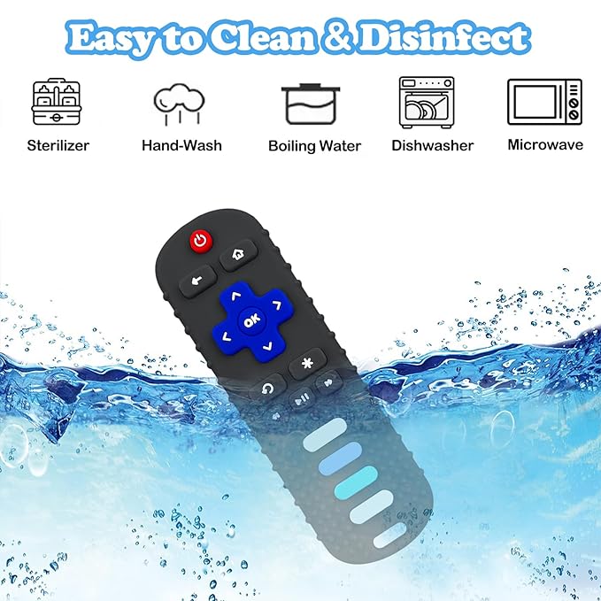 Baby Teething Toys, Food Grade Silicone Teether for Babies 3 6 12 18 Months, TV Remote Shape Toddlers Chew Toys, Freezer BPA Free (Black+Blue)