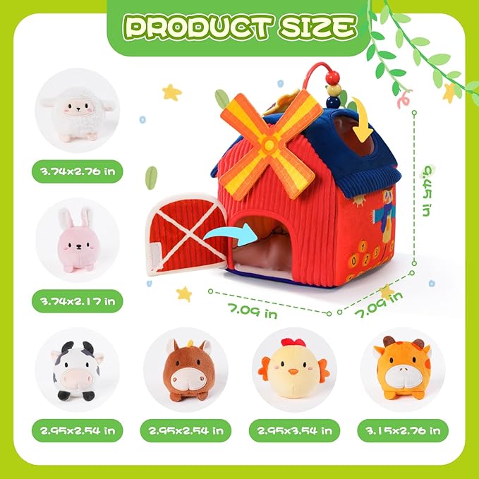 Baby Toys 6-12 Months, Montessori Sensory Toys, My First Farm House Toy with 6 Stuffed Animals,Rotating Windmill & Sunflower Crinkle, Rattle, Fun Mirror Fine Motor Skills Development,Baby Gift