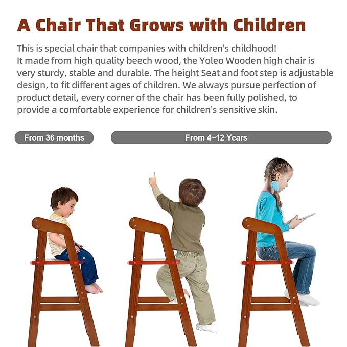 Yoleo Wooden High Chair for Toddlers to Teens, Adjustable Dining Feeding Chair with Steps Grows with Child, Max 60kg (Nut-Brown)