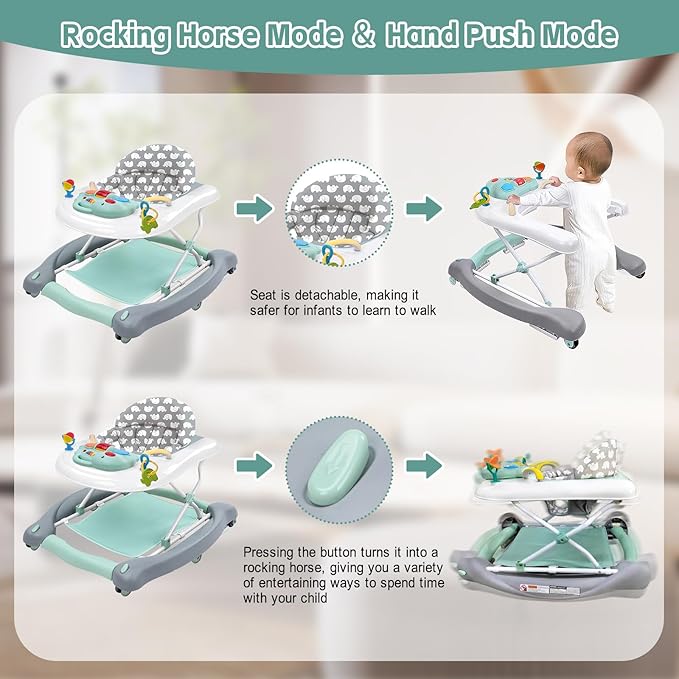 5 in 1 Foldable Baby Walker, Activity Baby Walker-Baby Bouncer, Rocker, Activity Center,Seat and Push Walker,Detachable Trampoline Mat, Adjustable Speed Rear Wheels and Height,Ages 6-18 Months(Mint)