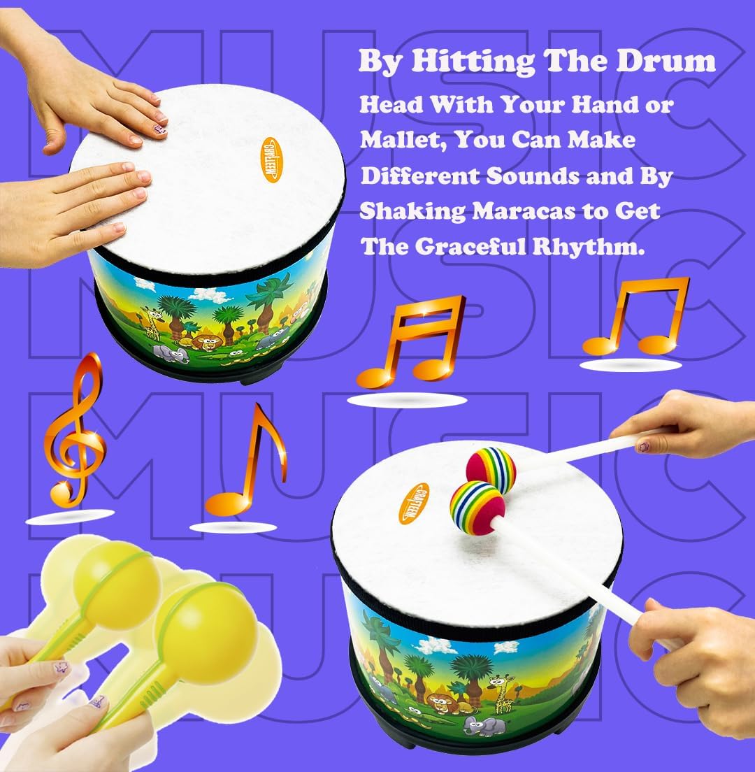 Floor Tom Drum for Kids 8-inch Percussion Instrument Music Drum with 2 Mallets and Color Maracas for Baby Children Special Christmas Birthday Toy Gift
