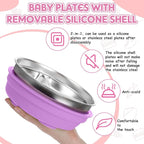 Nuogo 3 Pcs Stainless Steel Baby Suction Plates with Removable Silicone Shell 2-in-1 Metal Toddler Bowl Divided for Picky Eaters Kid Feeding Led Weaning Supply, Dishwasher Safe (Red Series)