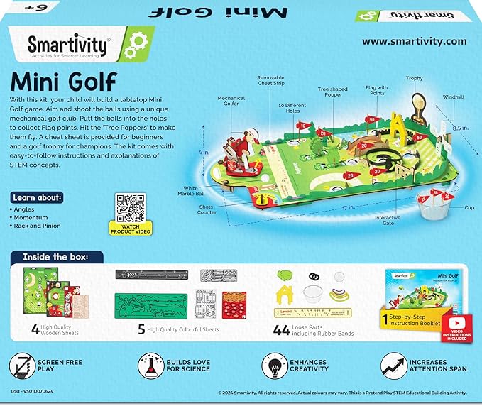 Smartivity Mini Golf Table-Top Game for Kids Ages 6-12 | Build Your Own Golf Course with Mechanical Golfer & 10 Fun Holes | STEM Toy & Birthday Gift for Boys & Girls Ages 6-12
