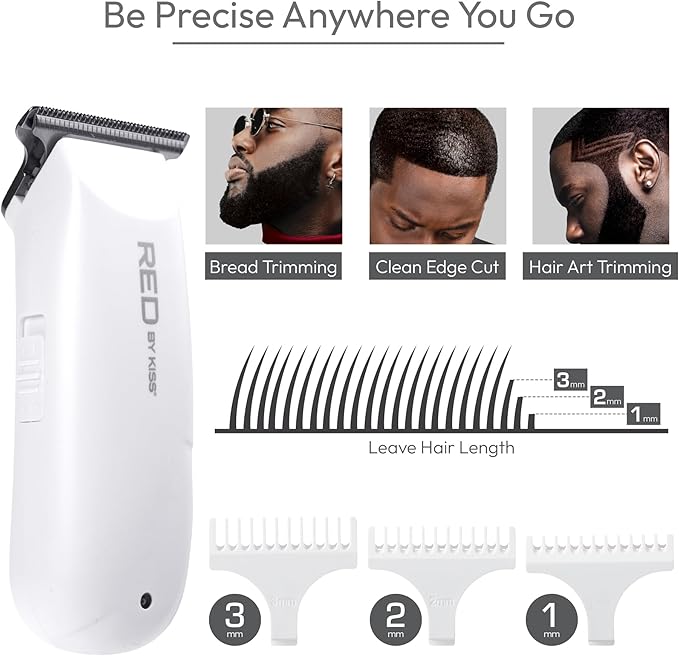 Red by Kiss Hair Clipper, Mini Cordless Hair Trimmer, Long Lasting Hair Cutting Kit, USB-C Rechargeable Haircut Beard Trimming Clippers for Men Women Kids, Portable Grooming Kit (White)