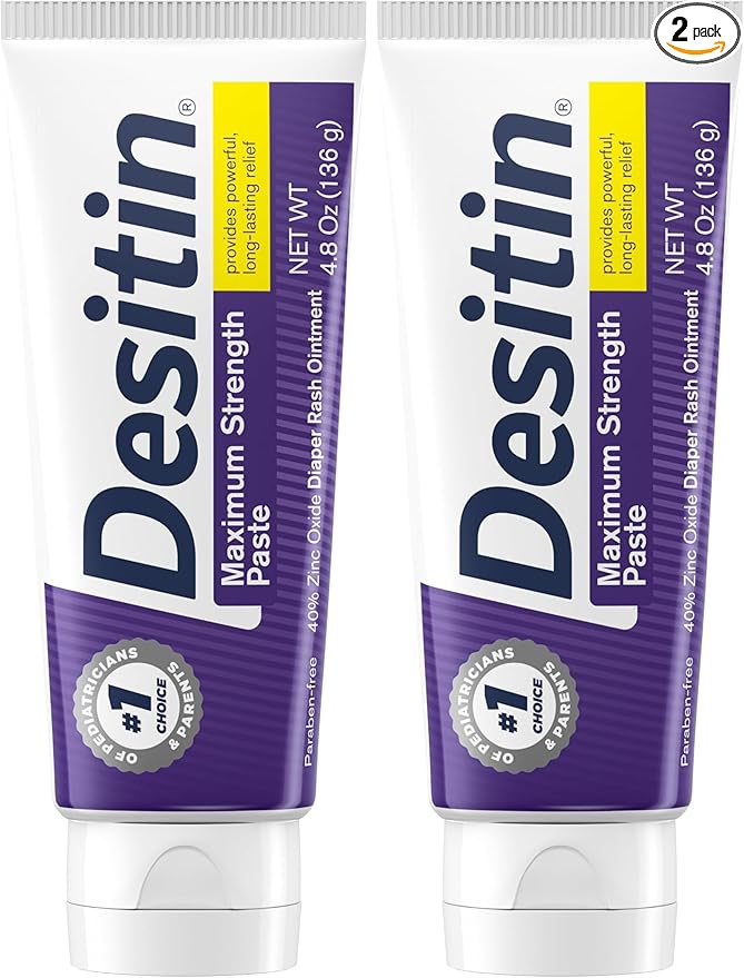 Desitin Maximum Strength Baby Diaper Rash Cream, 40% Zinc Oxide for Treatment, Relief & Prevention, Hypoallergenic, Phthalate- & Paraben-Free Paste, Protects Skin for 12 Hours, 4.8 oz (Pack of 2)