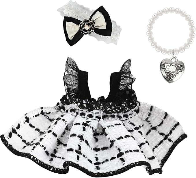 ‌Elegant White-and-Black Dress for 15cm/17cm Dolls - Strap Gown with Heart Pearl Necklace & Bow Headband/Fashion Doll Clothes Set, Accessories for Girl Doll/Perfect for Collectors, Gifts