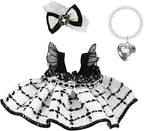‌Elegant White-and-Black Dress for 15cm/17cm Dolls - Strap Gown with Heart Pearl Necklace & Bow Headband/Fashion Doll Clothes Set, Accessories for Girl Doll/Perfect for Collectors, Gifts