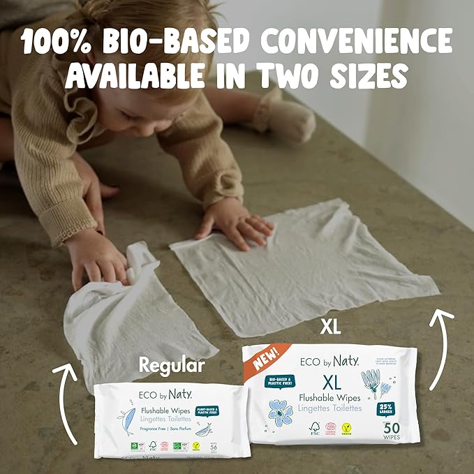Naty Flushable XL Baby Wipes - Unscented, 100% Plant-Based, Plastic-Free, Fragrance-Free, Hypoallergenic for sensitive skin and Dermatologically Tested (XL - 600 Count - 12 Packs of 50)