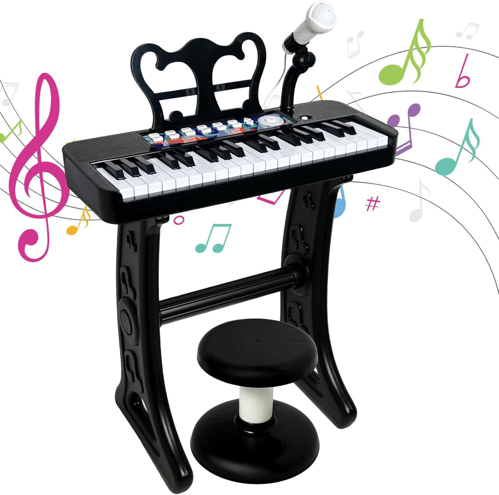 Love&Mini Piano Toy for Kids - 37 Keys Piano Keyboard Toy with Stool and Microphone, Black Electronic Musical Instrument Birthday Gift for Kids 3 4 5 6 7 8 Years Old Boys and Girls