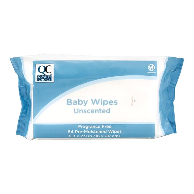 Quality Choice, Re-sealable Unscented Baby Wipe, Fragrence Free, Count of 64 Wipes Per Package (1)