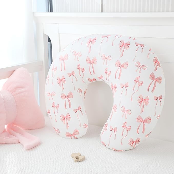 Nursing Pillow Cover, Removable Nursing Covers for Breastfeeding Pillows, Stretchy and Soft Fit for Baby Girls Boys Newborn, Pink Bow(Only Cover)