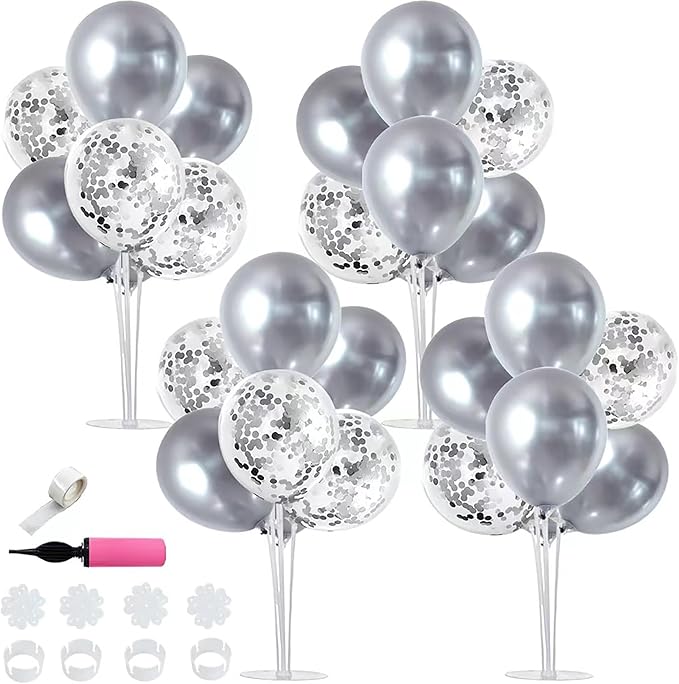 TONIFUL 4 Silver Balloon Stand Centerpiece Table Decorations for 25th Wedding Anniversary Birthday Bridal Shower Graduation Party Decorations New Year 2025 Christmas