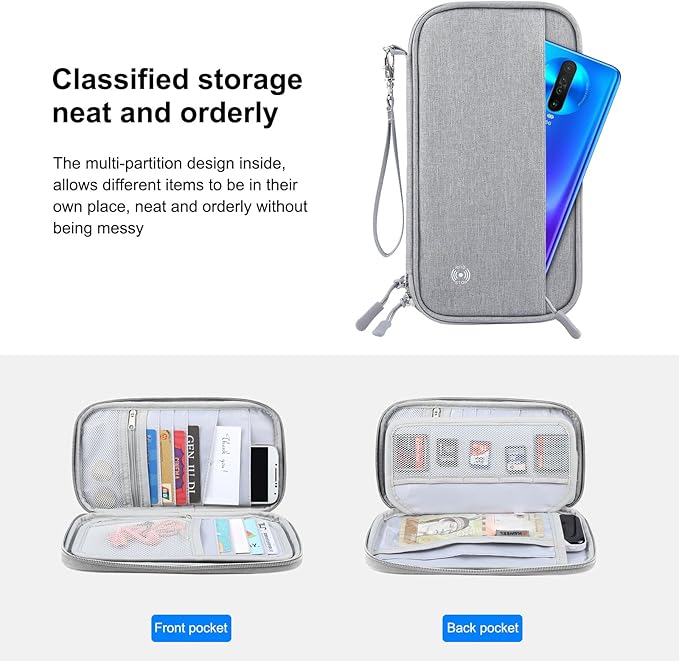 Passport Holder Family RFID Blocking Passport Wallet, RFID Travel Document Organizer for Women Waterproof Passport Wallet, Men Portable Case for Cards Credit Cards with Lanyard (Grey-Medium)