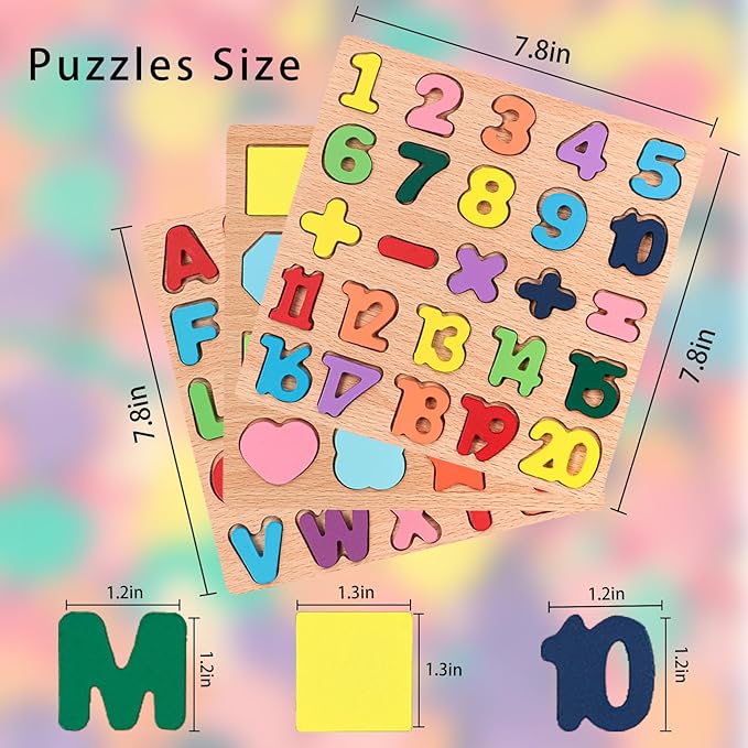 Wooden Puzzles for Toddlers, 3pack Alphabet Shape Puzzles for Kids 3 Wooden Montessori Toddler Wooden Alphabet Number Shape for Kids 3 Years Old Boys & Girls