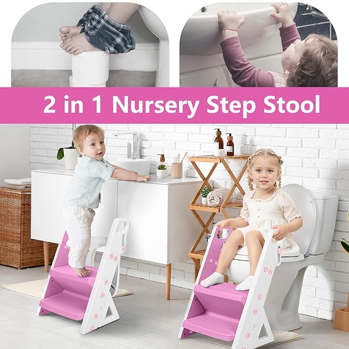 Easy Storage Potty Training Seat with Ladder, Adjustable Step and Toilet Seat Height, Easy-Grip Handles for Climbing, Foldable Portable Toddler Toilet Trainer, Perfect for Small Bathrooms