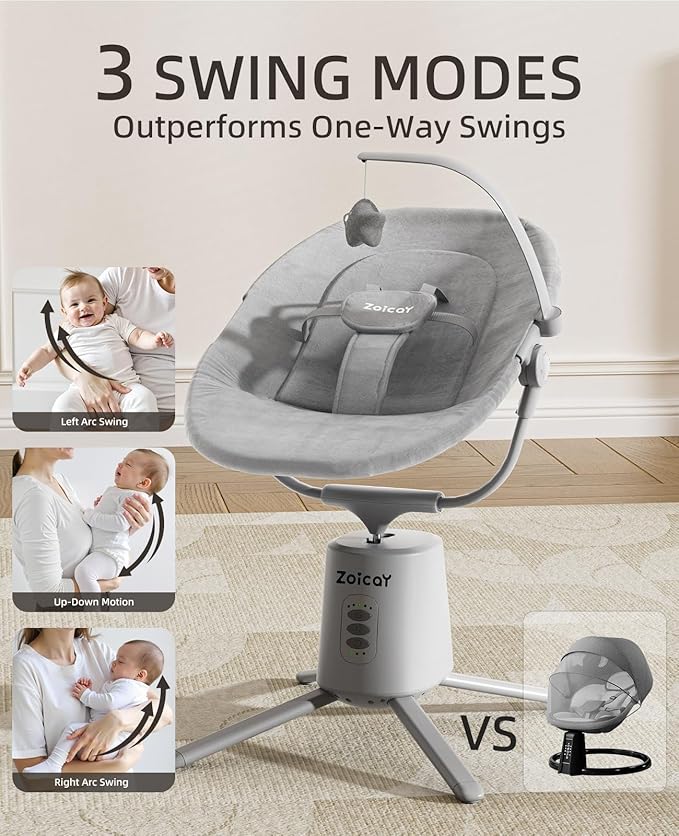 Zoicay Lightweight Baby Swing for Infant with 3 Modes & 5 Speeds, BT Enabled App & Remote Control Electric Swing – 6 Lullabies and 3 Timer Settings, 2 Seat Positions and 5-Point Harness Compact Swing