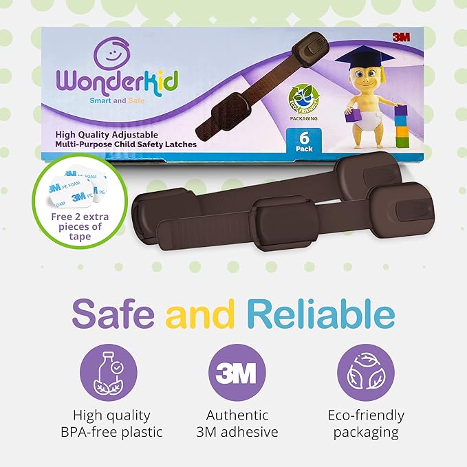 Adjustable & Reusable Child Safety Cabinet Locks & Latches, Baby Proofing Door Window, Cabinet, Toilet, & Refrigerator Lock, Child Safety Strap Locks with Adhesive Pads, Pack of 6, Brown - Wonderkid