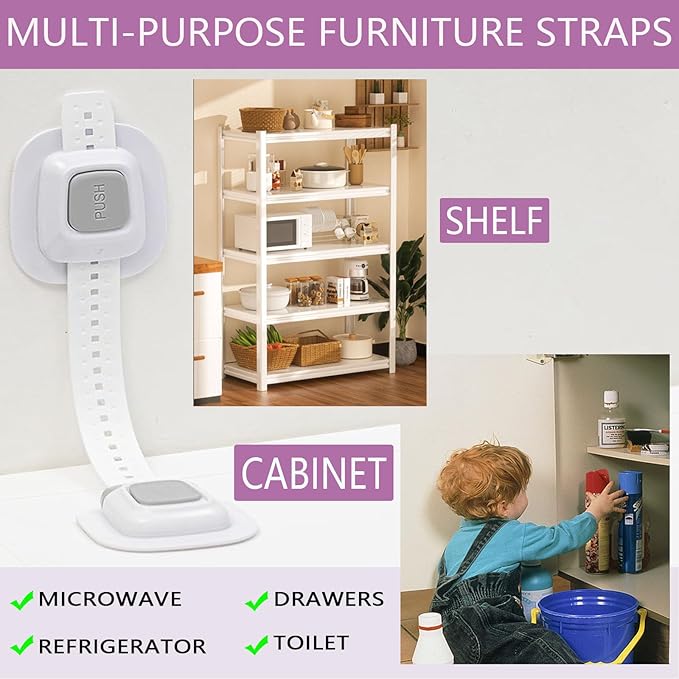 No Drill Furniture Anchor, Anti-tip and Adjustable Strap for Baby Proofing, 3M Adhesive Multi-Purpose for Furniture, Secure to Playroom (2 Pack)
