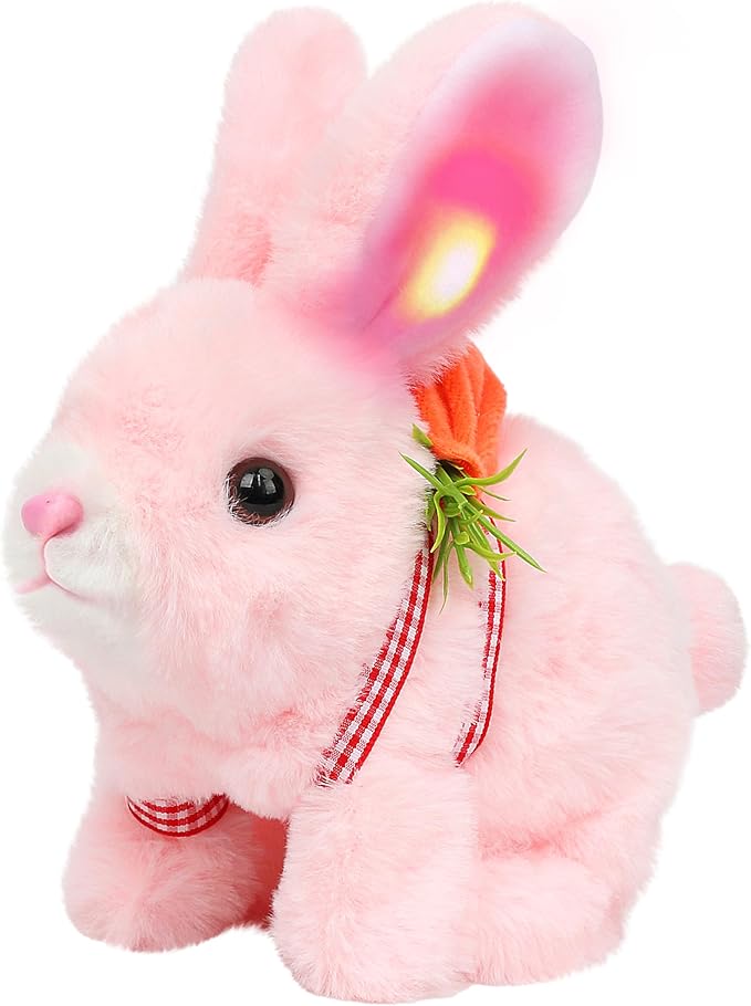 Easfan Hopping Pink Bunny Interactive Electronic Pet Plush Glowing Toy with Sounds Jumping Rabbit Ears Moving Educational Plush Toy Easter Birthday Gifts for Kids Girls, 7''