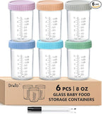 DRKIO 6 Pack Glass Baby Food Storage Containers - 8 Oz Baby Food Jars with Lids Baby Food Maker Microwave Dishwasher Freezer Safe 100% Leak Proof BPA Free Reusable