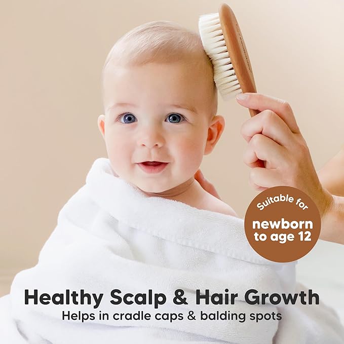 Wooden Baby Hair Brush - Cradle Cap Baby Brush with Soft Goat Bristles, Perfect Gentle Scalp Newborn Comb for Infant, Girls, Boys, Bath Essentials (Golden Oak, Oval)