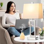 Touch Control Table Lamps for Living Room, 3-Way Dimmable Modern Table Lamp with USB A+C Charging Ports & AC Outlets, Bedside Contemporary Nightstand Desk Lamps with Fabric White Shade for Bedrooms