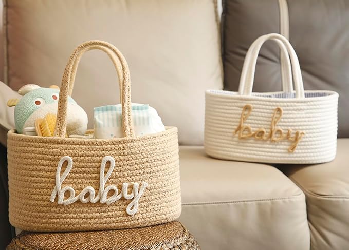 Baby Diaper Caddy Organizer, Nursery Storage Bin Basket for Baby Shower and Baby Wipes- Cotton Rope Portable Diaper Bag for Changing Table, Newborn Essentials Gift-Tan