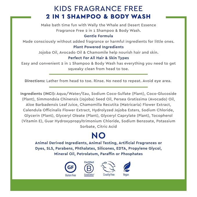 Desert Essence Kids Fragrance Free 2-in-1 Shampoo & Body Wash 12.0 fl oz - Vegan, Gluten-Free. Cruelty-Free - Leaves Hair & Skin Nourished - Gentle Formula