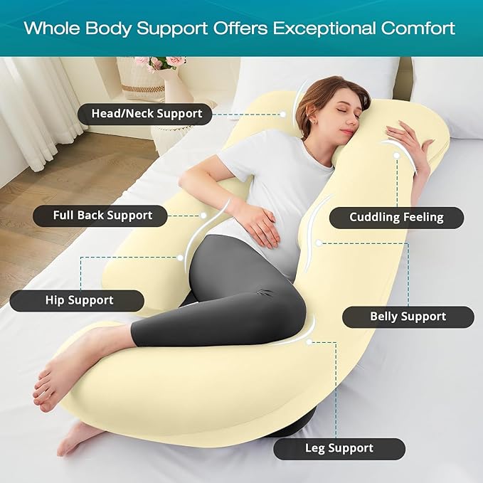 Sasttie Pregnancy Pillows for Sleeping, Jumbo U Shaped Cooling Full Body Pillow with Removable Cover, Pregnant Women Must Haves, Maternity Essential, Light Yellow