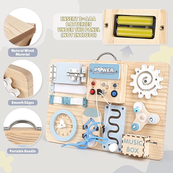 Joyreal Montessori Busy Board with LED Lights, Autism Sensory Travel Toys, Fidget Board Ideal Gift for Boys Girls Wooden Toddler Toys