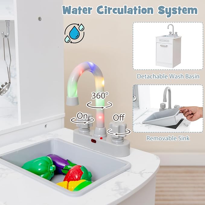 Costzon Kids Kitchen Playset, Pretend Cooking Toys w/Washing Basin, Real Lights & Sounds, Microwave, Oven, Blackboard, Ice Maker, Range Hood, Stoves, 2-PieceCorner Wooden Play Kitchen for Kids 3+