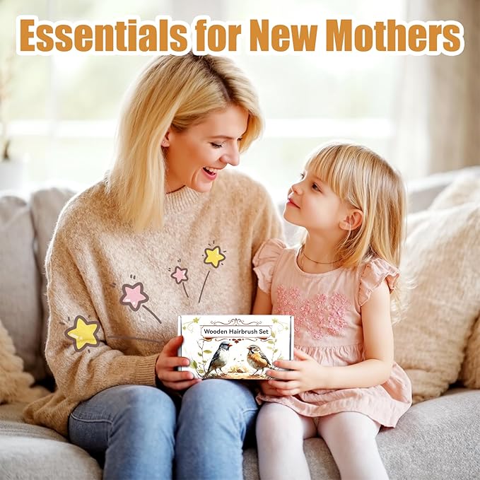 Goat Baby Hair Brush Set, Wooden Comb Massage Scalp Comb, Safe Natural Hair Care Kit, Soft Silicone Bath Brush for Newborns Toddlers (Brush Set+ Massager)