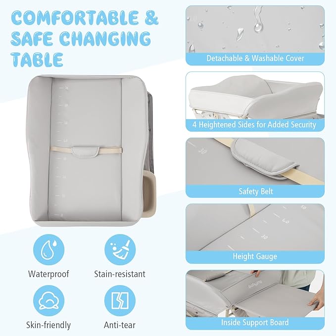 BABY JOY Portable Baby Changing Table, Foldable Diaper Changing Station w/Wheels, Adjustable Height, Large Storage Rack, Water Basin, Safety Belt, Mobile Nursery Organizer for Newborn Infant (Gray)