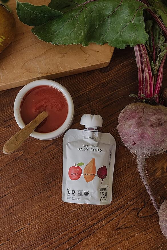 White Leaf Provisions Organic Purees / Baby Food Pouches - Fruits, Veggies & Grains, Toddler snack, Regeneratively Farmed, No Added Sugar, Non-GMO, BPA-Free Pouches 3.17 oz (Pack of 24, Apple + Sweet Potato + Beet)