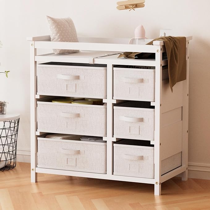 YUFU Changing Table, Nursery Dresser with 6 Storage Drawers, Safety Rails & Strap, Baby Diaper Changing Station, White