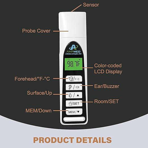 Amplim Baby Thermometer | 3-in-1 Accurate Infrared Thermometer for Ear, Forehead & Touchless, Fever Thermometer for Baby, Infants, Toddlers, Kids & Adults | White Base Stand & Clock