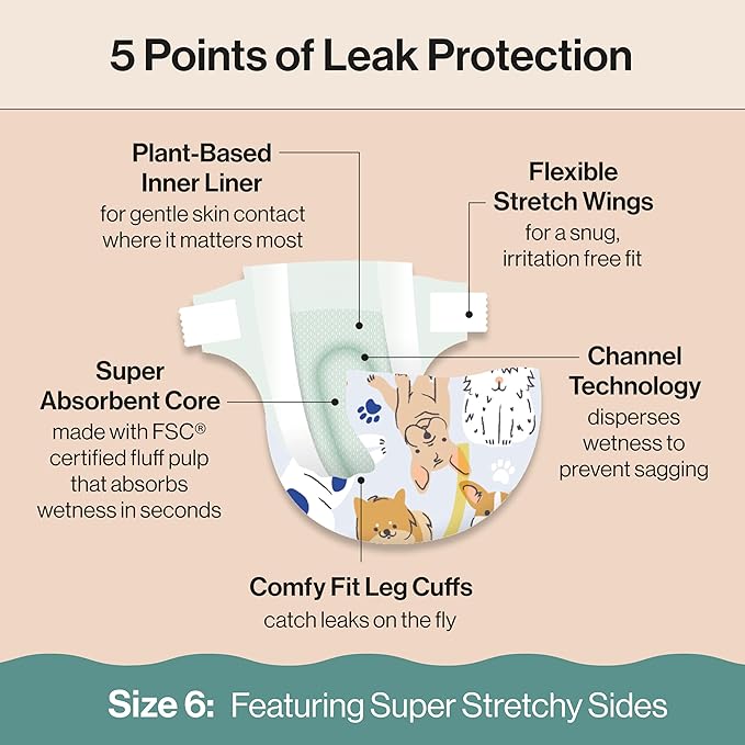 The Honest Company Clean Conscious Diapers for Delicate Skin | Up to 100% Leakproof | Hypoallergenic, Fragrance Free | Gender Neutral | Club Box, Size 6 (35+ lbs), 40 Count (Prints May Vary)