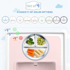 Stainless Steel Suction Plates for Toddlers, 9" Divided Kids Baby Plates with Removable Silicone Suction, Non Toxic Non Slip Portion Control Snack Dishes 4 Packs, Blue Green Purple Beige