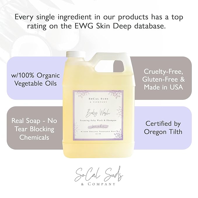 SoCal Suds & Company - 2-in-1 Organic Foaming Baby Shampoo & Body Wash Castile Soap Refill - Gentle Body Soap and Shampoo for Sensitive Skin - Nourishing Ingredients - Newborn Baby - Lavender, 32oz