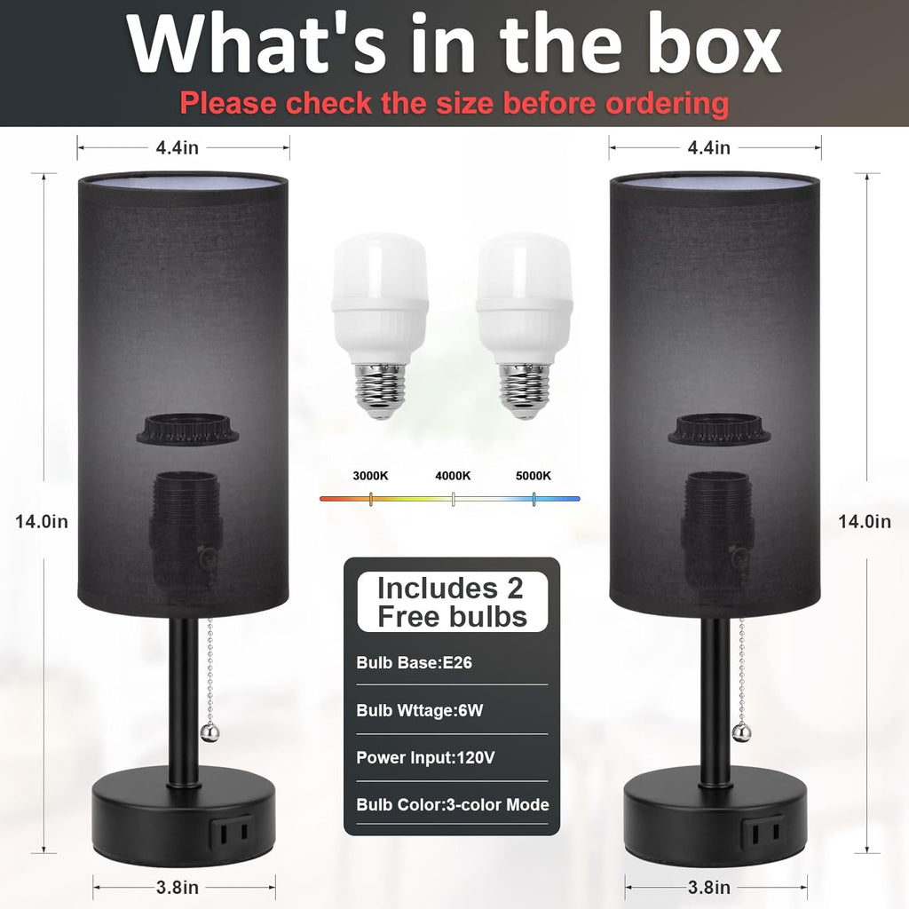 Black Bedside Table Lamps Set of 2-3 Color Temperatures Pull Chain Lamp with AC Outlet Charging Port, Round Night Stand Lamps for Bedroom Office, Small Bed Side Light with E26 LED Bulbs