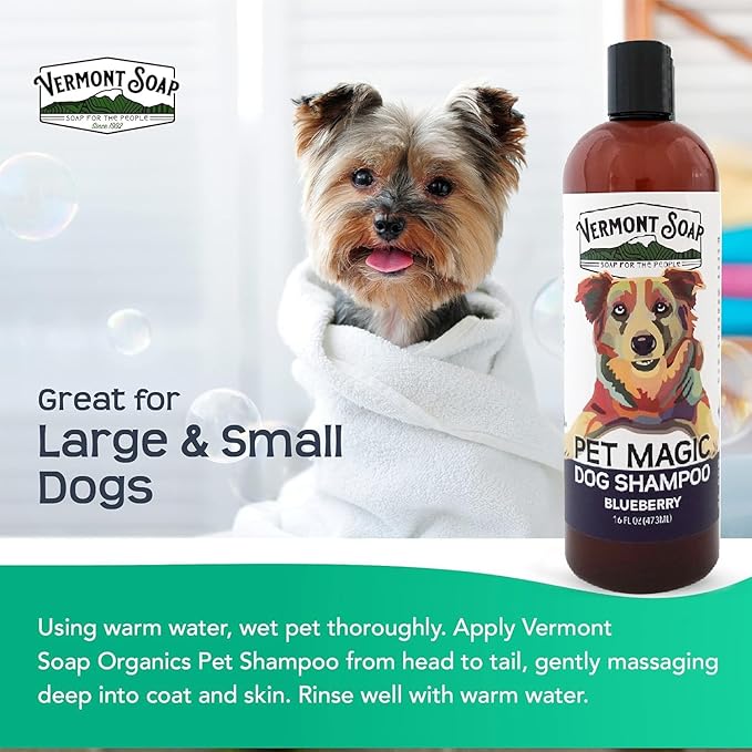 VERMONT SOAP Organics Pet Shampoo - Infused with Organic & Natural Olive Oil, Coconut & Aloe Vera Dog Shampoo for Sensitive Skin - USDA Certified Grooming Pet Shampoo - Blueberry (16oz)