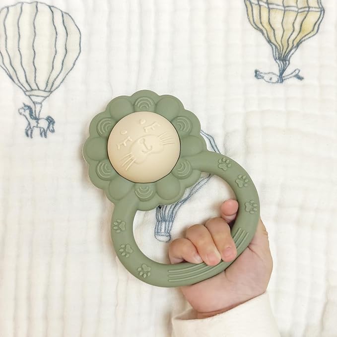 Rattle Teether, Lion Shape Montessori Baby Sensory Teething Toys, Food Grade Silicone BPA Free, Newborn Essentials Must Haves (Daffodil Clay)
