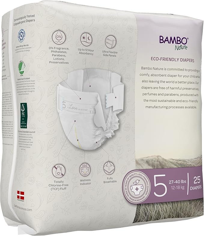 Bambo Nature Hypoallergenic Dream Baby Diapers, Premium Eco-Labeled Sustainable Diapers, Enhanced Leakage Protection, Totally Chlorine-free, Skin Friendly, and Super Absorbent - Size 5 (75 Count)