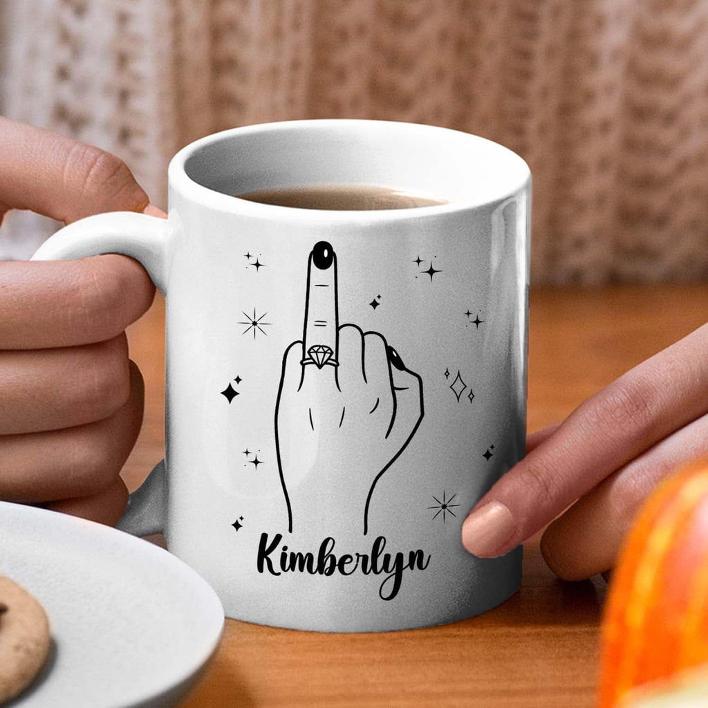 Personalized Ring Finger Coffee Mug With Name, Custom White Cup Gift For Wedding Engagement Bridal Shower Bachelorette, Ring Accent Coffee Cup For Her Girlfriend Bride Wife, Just Married Mug 11 15Oz