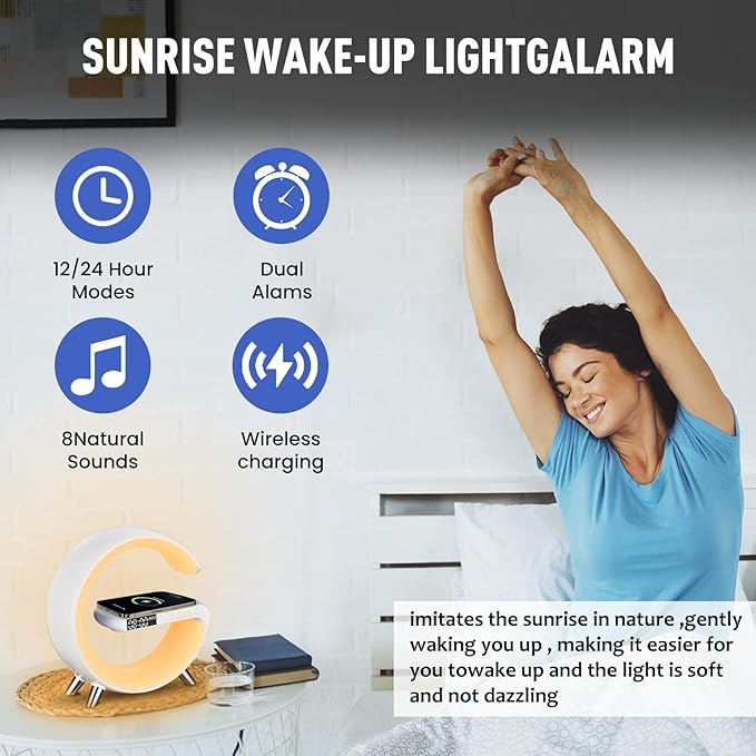 Smart LED Table Lamp, 4-in-1 Wireless Charger, Night Light, Alarm Clock, and Bluetooth Speaker with App Control for Bedroom, Office, and Home Decor (Black)