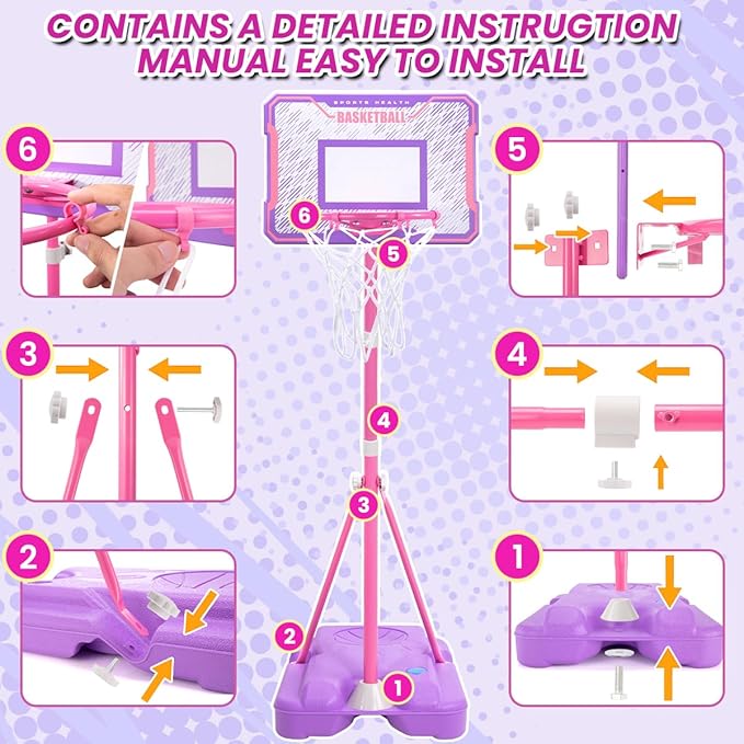Meland Kids Basketball Hoop, Pink Basketball Hoop for Kids Toddler Basketball Hoop Outdoor & Indoor with Dart Board, Adjustable Height 3.4-6.2FT Birthday Gift Toys for Girls 3 4 5 6 7 8 Years Old