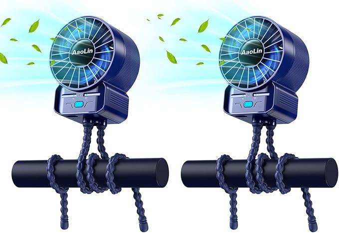 2 Pack Multifunctional Portable Stroller Fan 4 Speed 6600rpm High Speed Usb Rechargeable Personal Mini Handheld Fan Extended Tripod For Desktop Winding Kids Bed Treadmill Bike Golf Cart Outdoor Travel