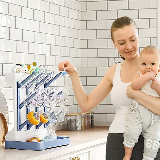 GoMaihe Baby Bottle Drying Rack: Space Saving Vertical Bottle Dryer Holder - Baby Accessories Storage Stand Organize Brushes Pacifiers on Countertop - BPA-Free - Blue