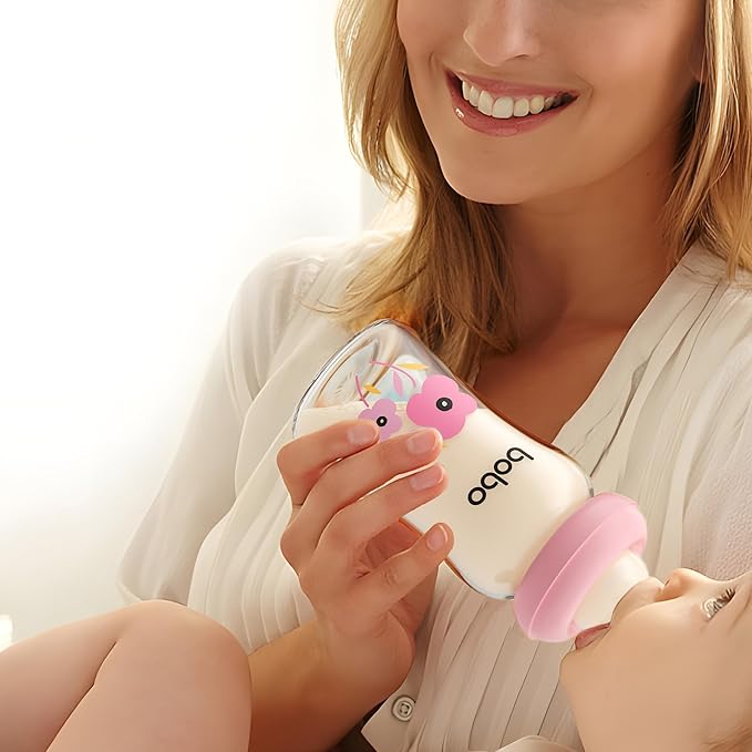 YOHKOH Natural Glass Baby Bottle with Natural Response Nipple, Newborn Anti-Colic Baby Bottles, Wide Neck Mushroom Cap Baby Bottle, Clear ((5.4oz (Pack of 2), Red-1)