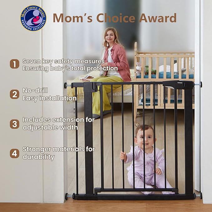 Mumeasy Baby Gate for Stairs - 29.6-46" Auto Close Dog Gate for Doorways, Extra Wide Child Gate Indoor, Walking Through Safety Gate for Kid, Pet Gates No Drilling White, Mom's Choice Awards Winner